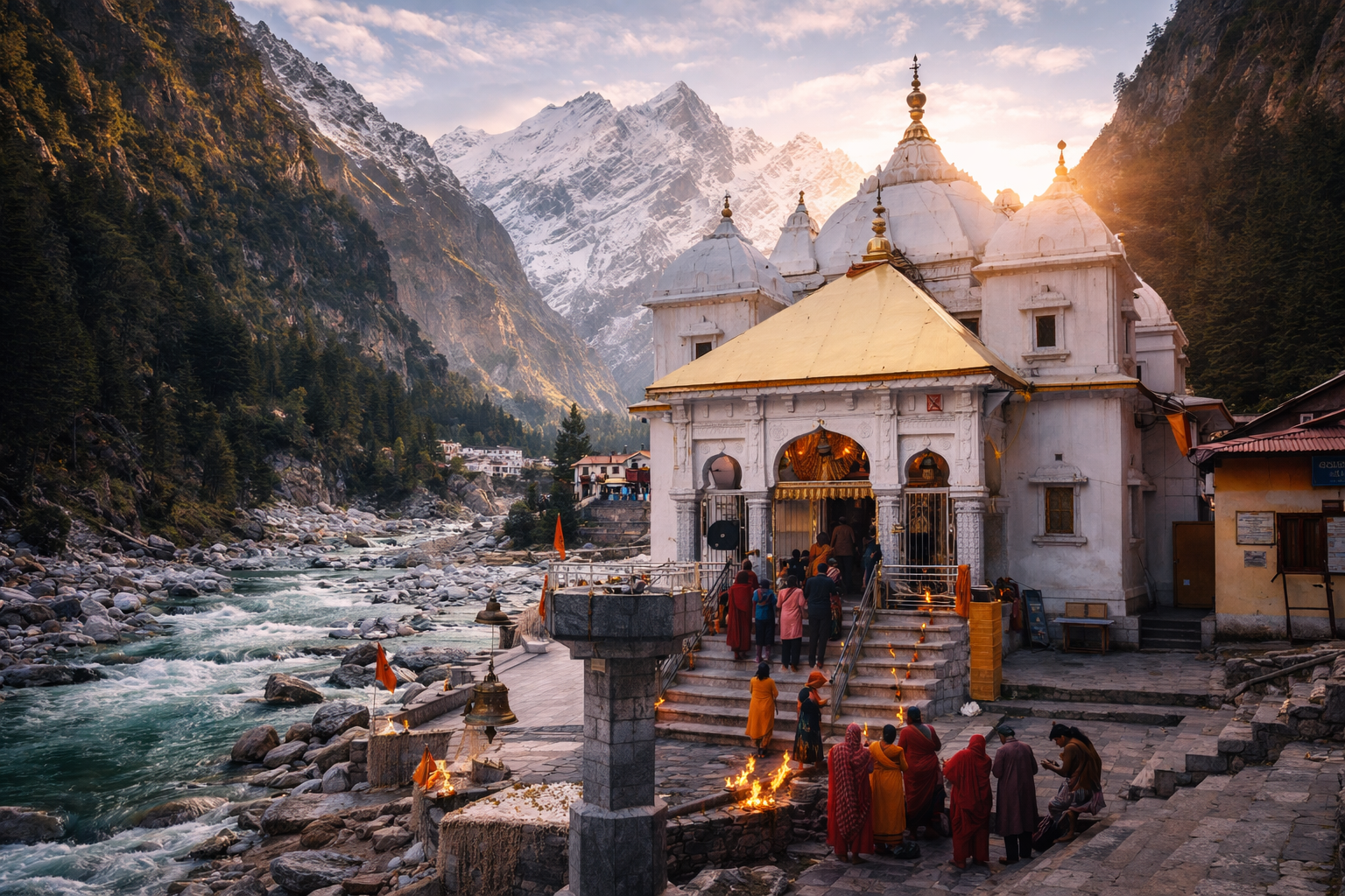 Gangotri shrine and mountain landscape in Uttarakhand