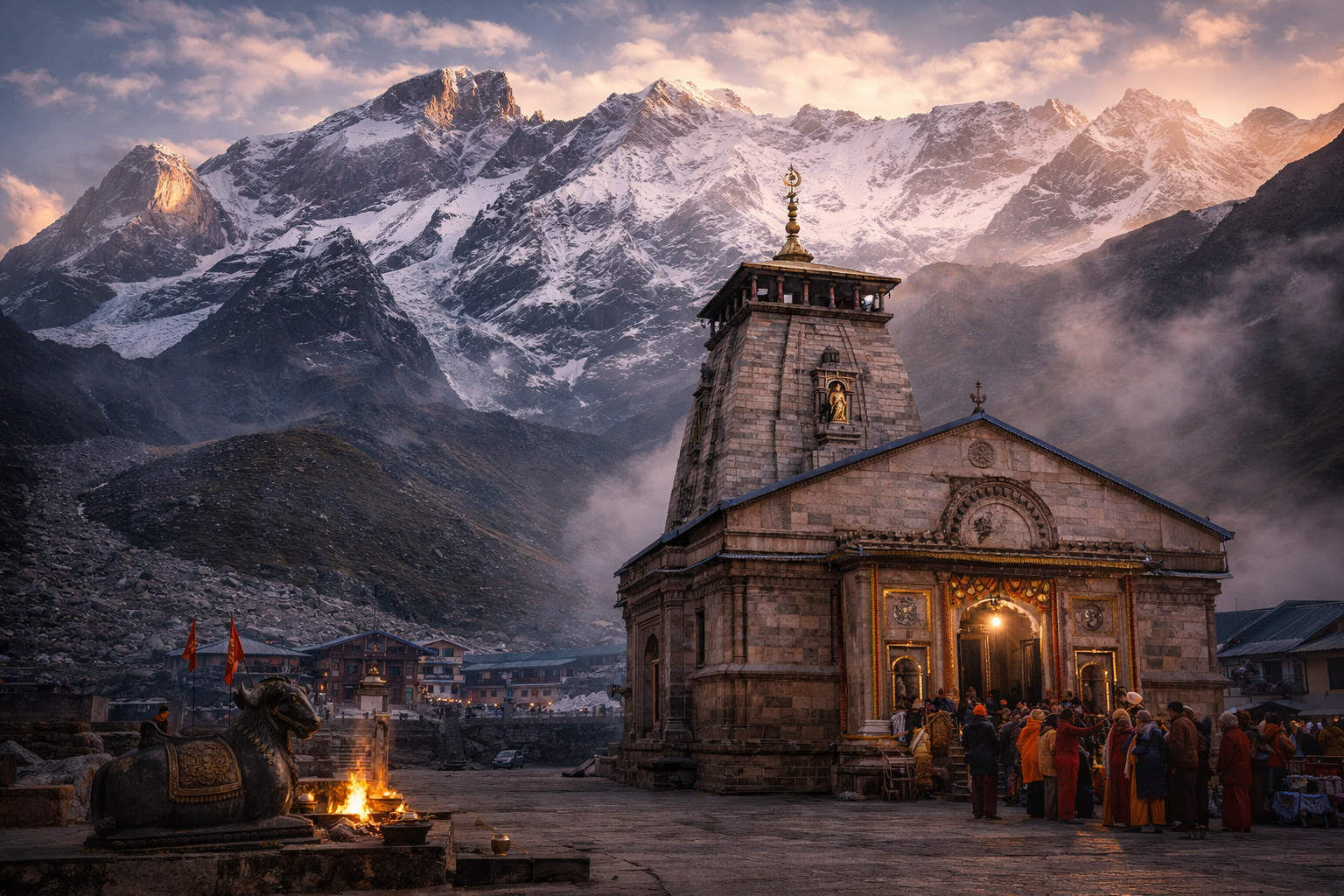 Kedarnath temple surrounded by Himalayan peaks